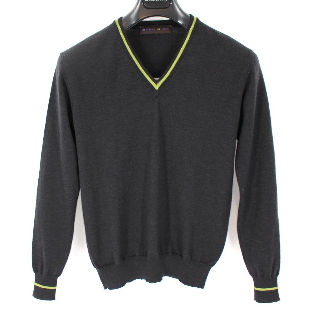 Etro Grey Wool Sweater Lime Green Trim V-Neck Leather Paisley Elbow Patches S